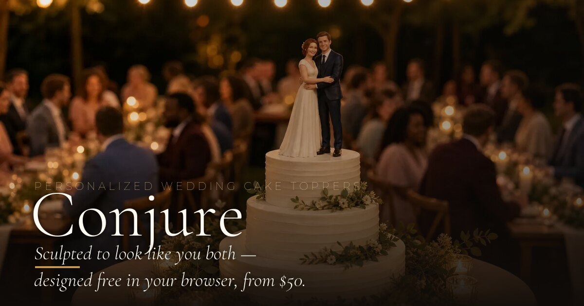 Conjure — personalized 3D-sculpted wedding cake toppers, designed in the browser