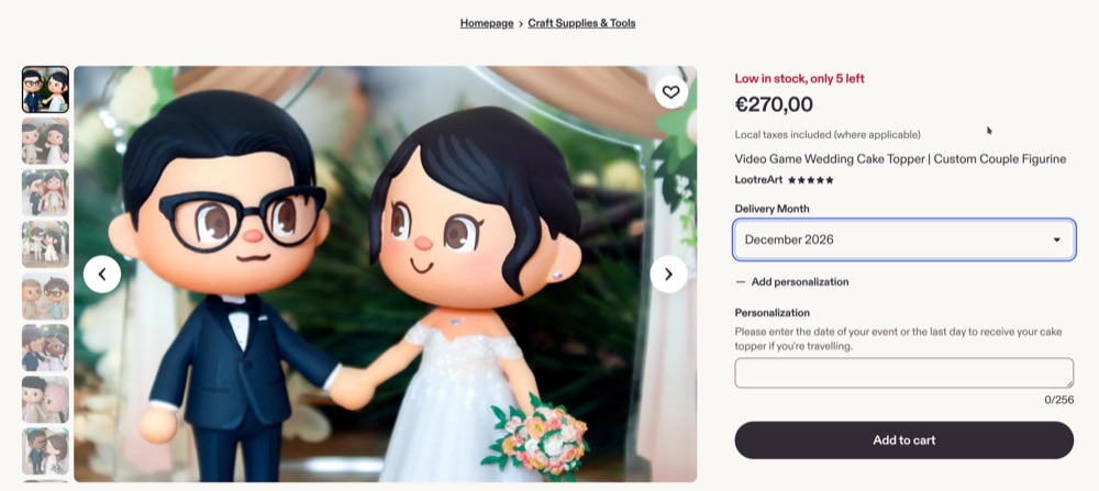 A custom wedding cake topper listing showing a €270 price, an 'Add to cart' button, and a delivery month dropdown set to December 2026.