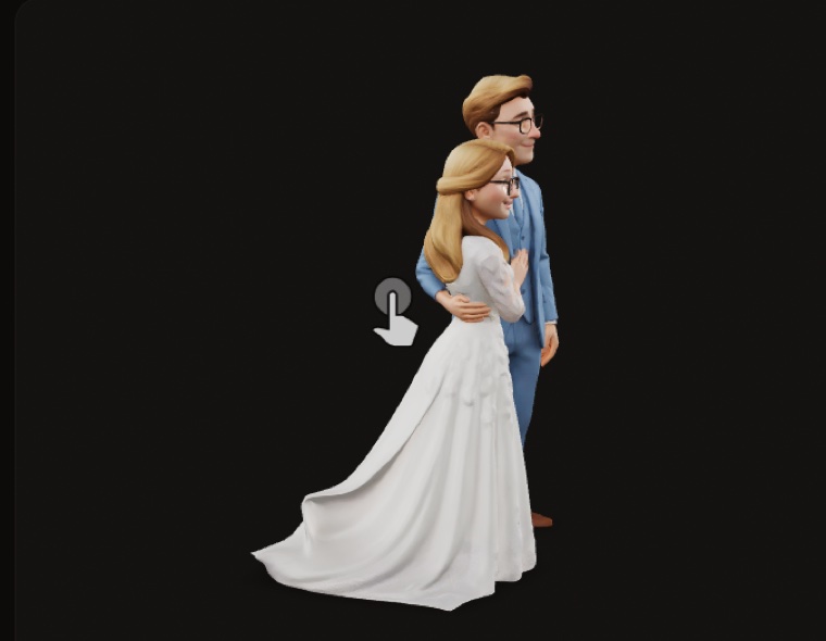3D-sculpted wedding cake topper of a couple, shown in a Pixar-clean style.