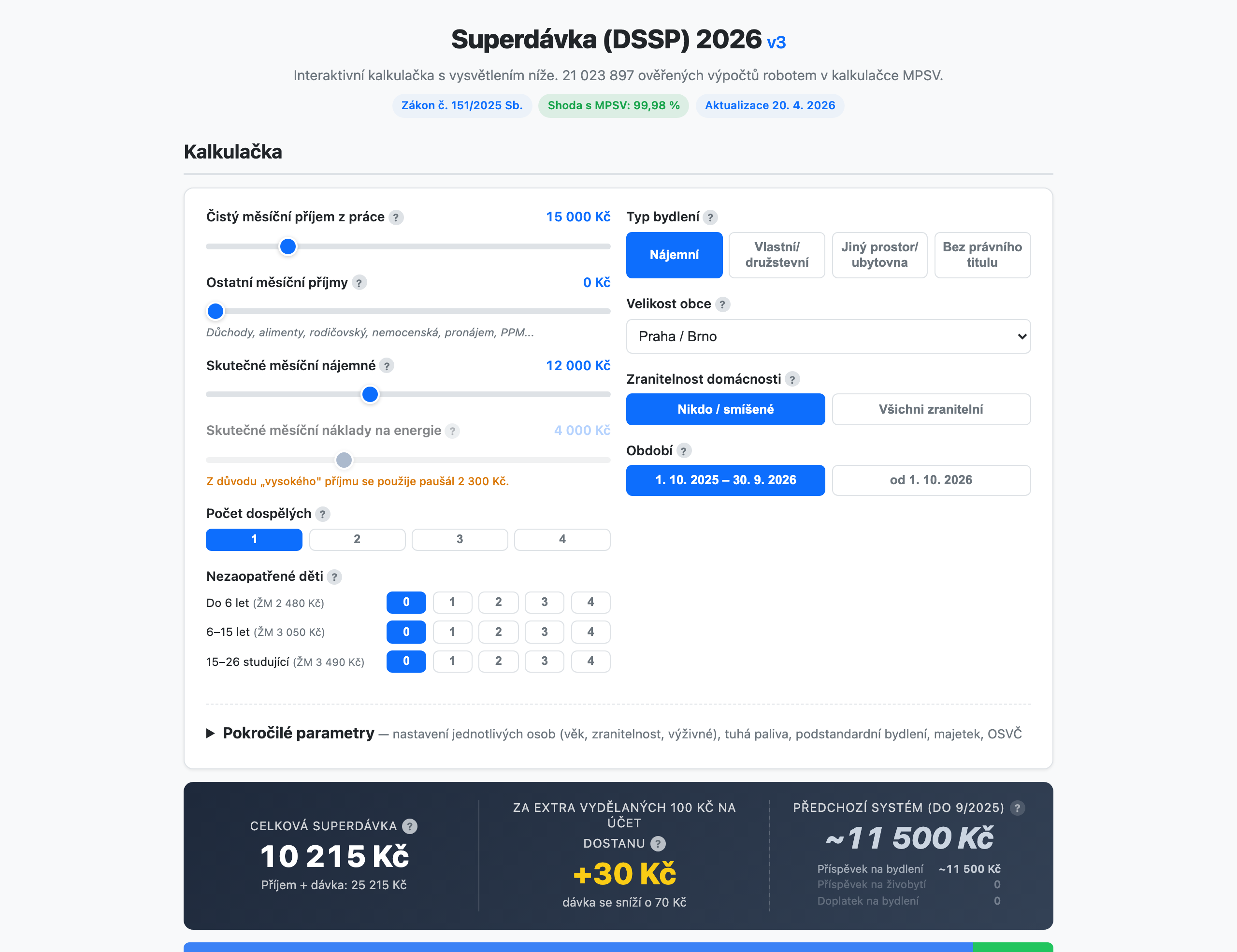 Superdávka 2026 — Czech social-benefit calculator